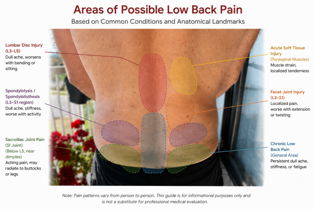 Areas of low back pain and associated conditions. Acupuncture for low back pain in Victoria healing Space.
