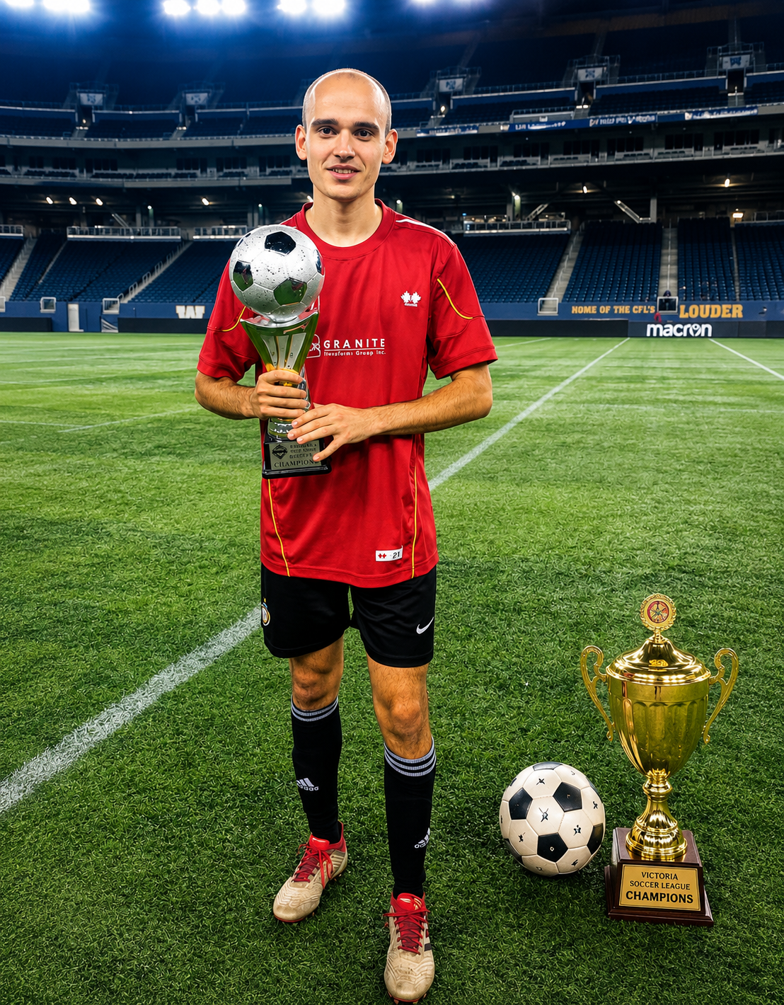 Soccer athlete with a championship trophy after a match, highlighting athletic performance, injury recovery, and sports acupuncture Victoria.