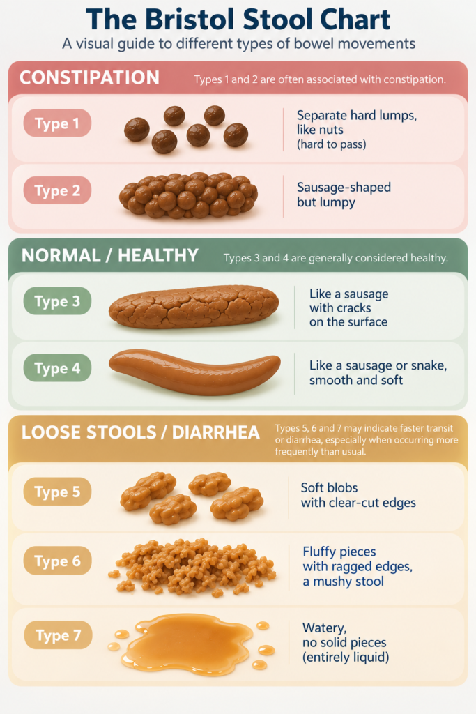 Bristol Stool Chart showing seven stool types, constipation, normal healthy bowel movements, and diarrhea.